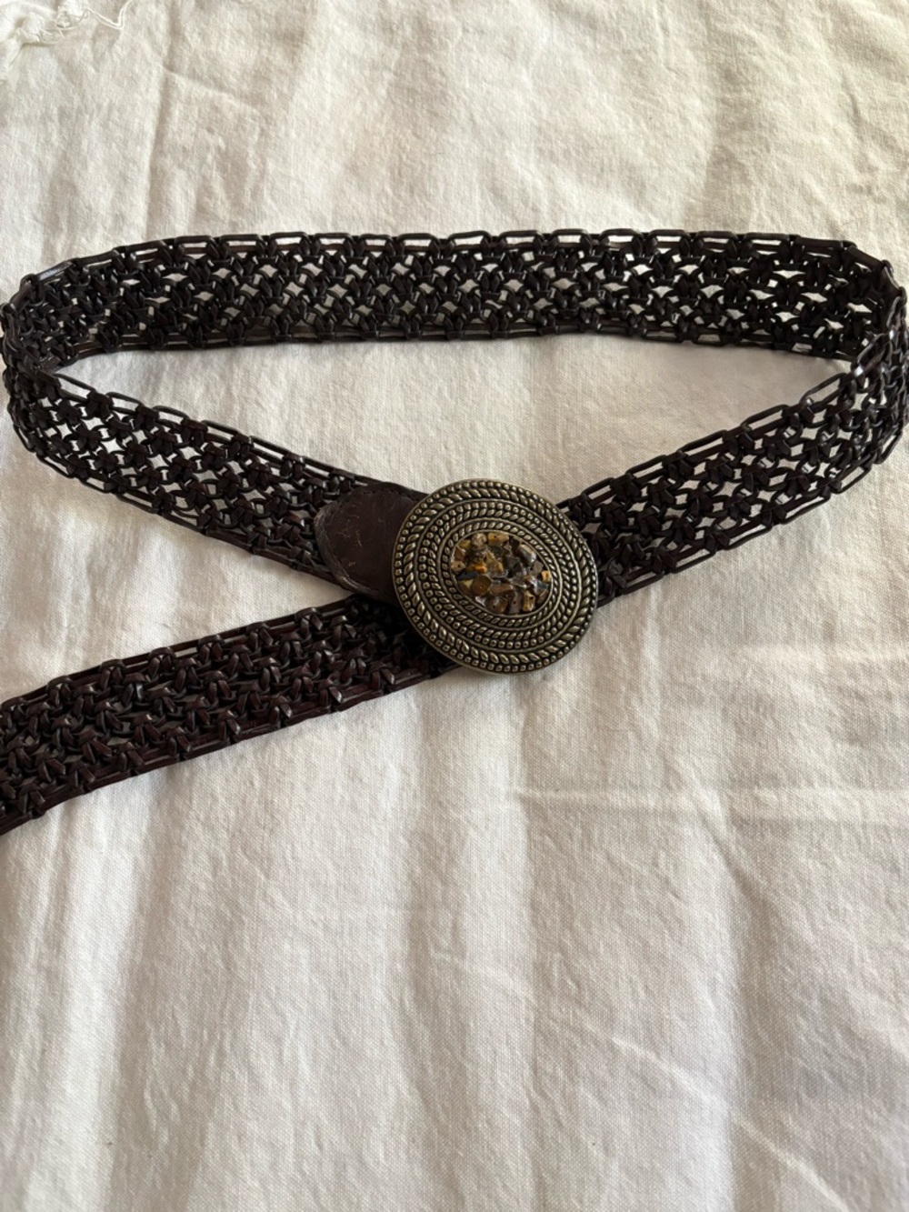 Woven Dark Brown Belt with Decorative Round Buckle XXL